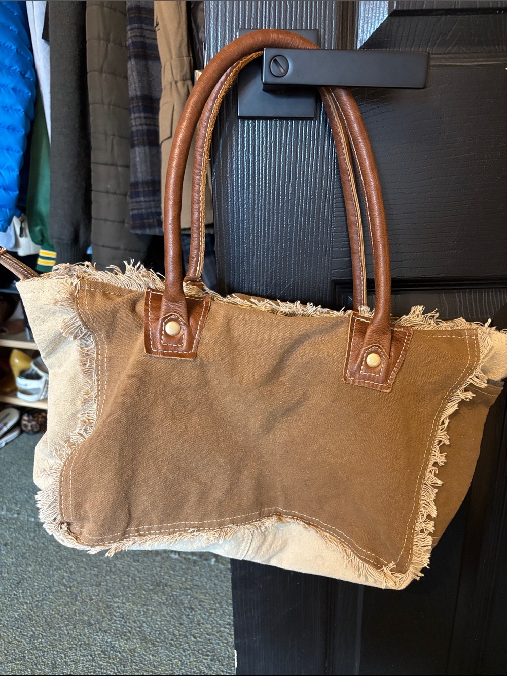 Myra Bag Brown Canvas Tote with Leather Handles and Fringe Trim - Picture 2 of 7